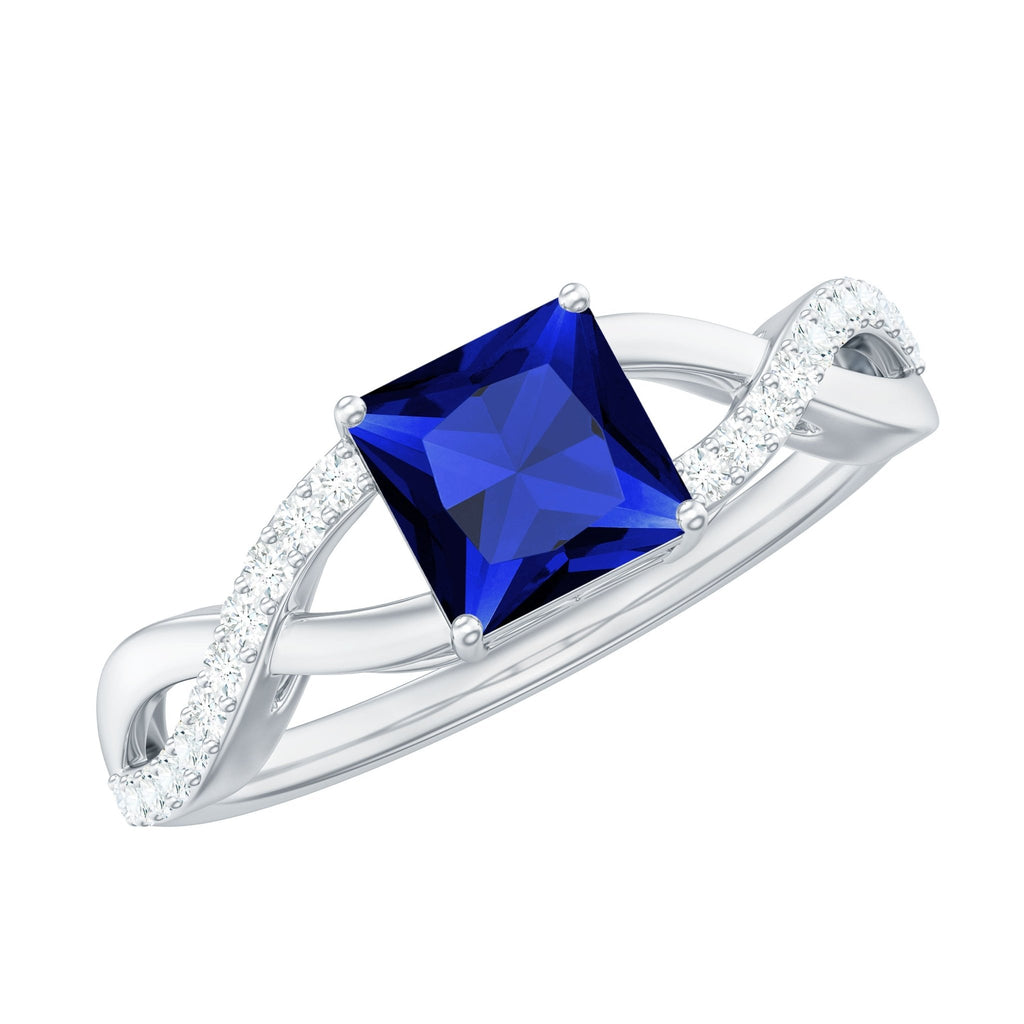 Lab Grown Blue Sapphire Ring Princess Cut Diamond Crossover