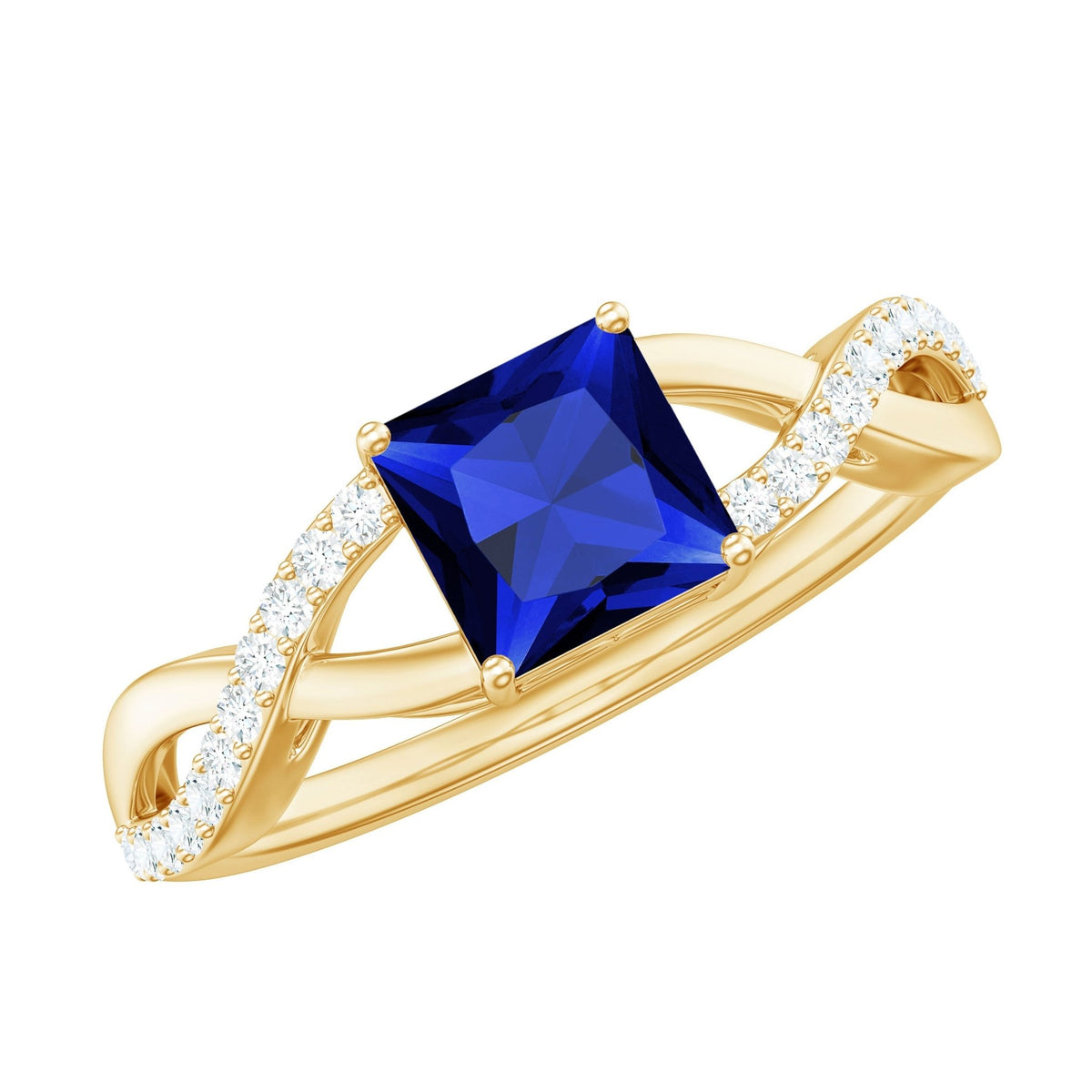 Lab Grown Blue Sapphire Ring Princess Cut Diamond Crossover