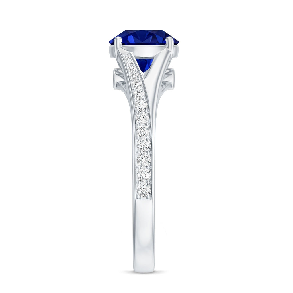 Lab Grown Blue Sapphire Ring, Round Split Shank Engagement Ring
