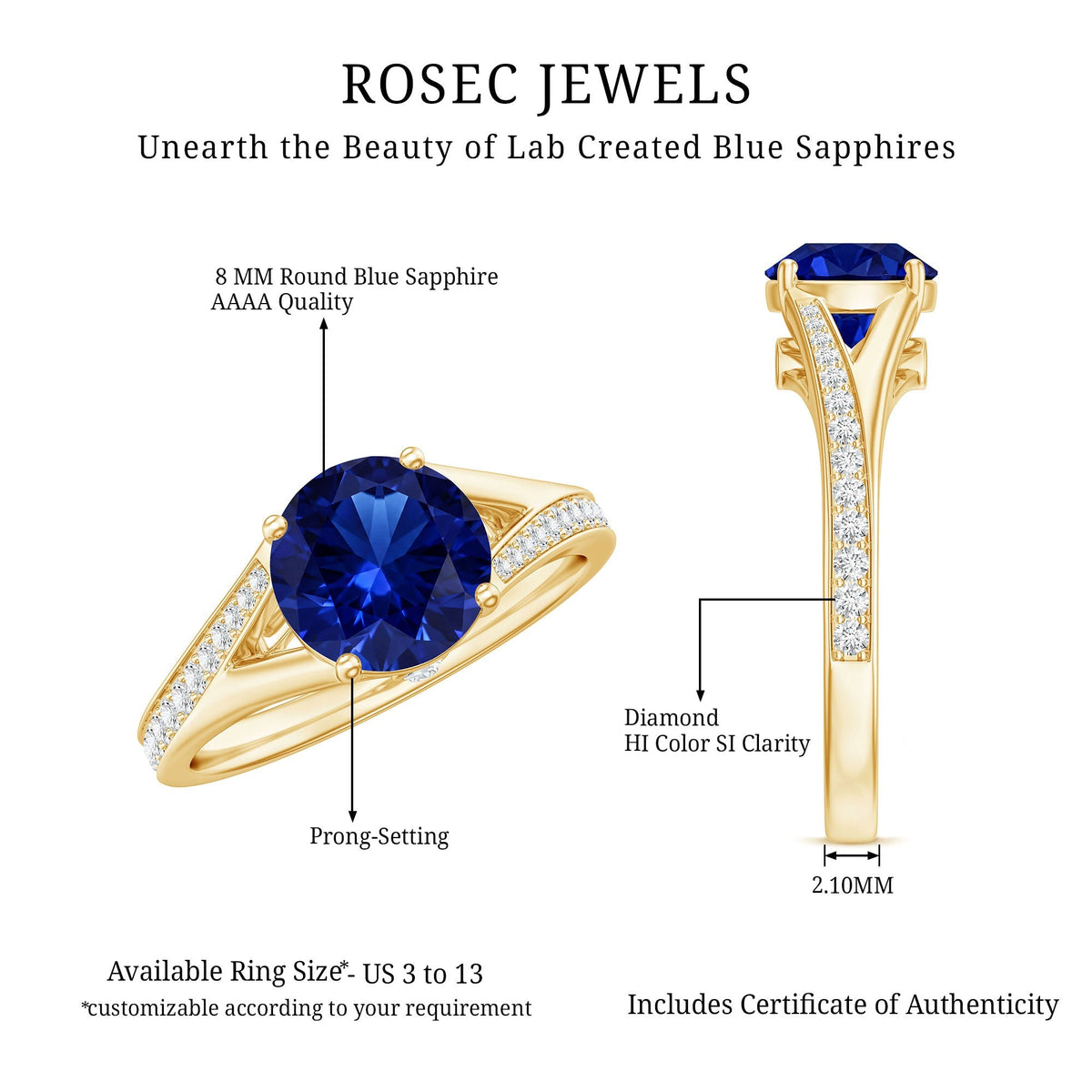 Lab Grown Blue Sapphire Ring, Round Split Shank Engagement Ring