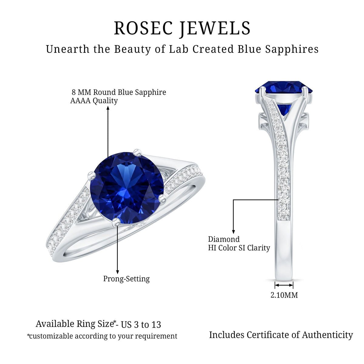Lab Grown Blue Sapphire Ring, Round Split Shank Engagement Ring
