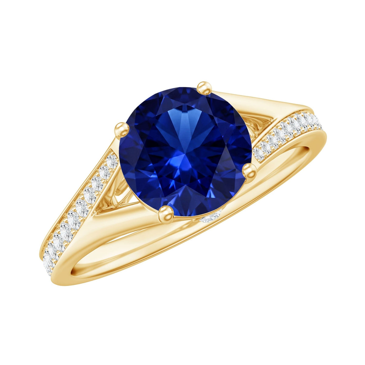 Lab Grown Blue Sapphire Ring, Round Split Shank Engagement Ring