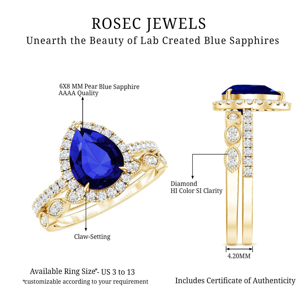 Lab Grown Blue Sapphire Ring Set, Pear Diamond Halo, 1.6 Carat