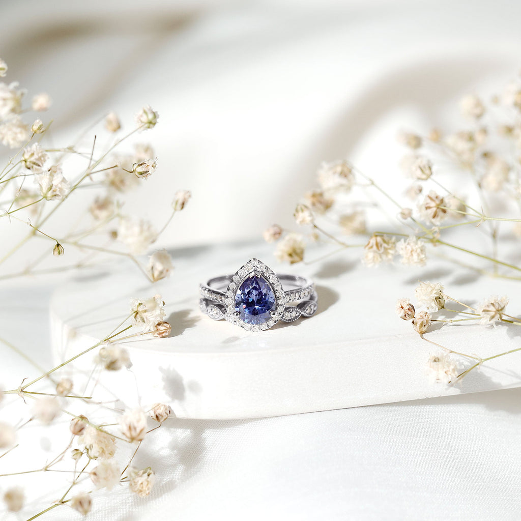 Lab Grown Blue Sapphire Ring Set, Pear Diamond Halo, 1.6 Carat