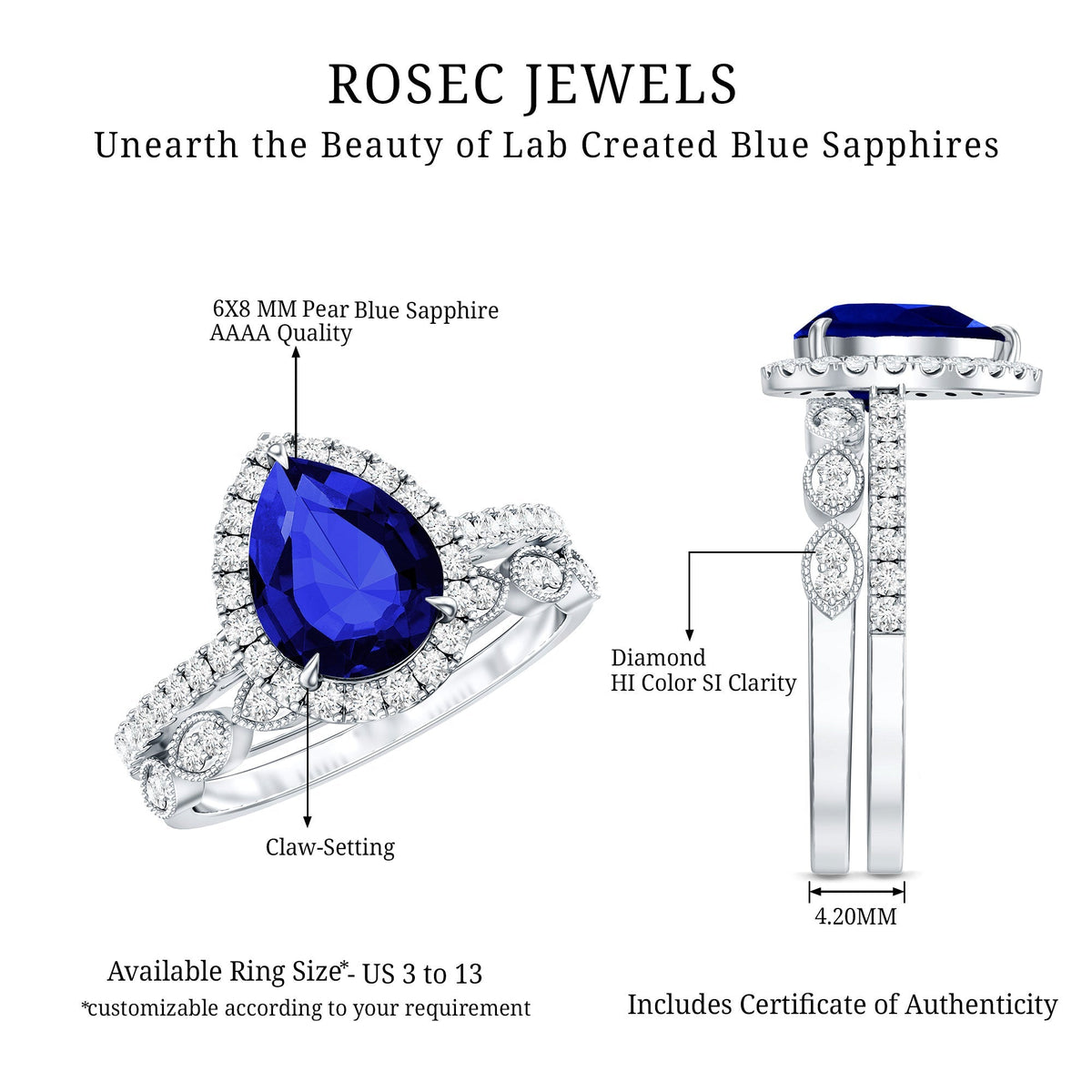 Lab Grown Blue Sapphire Ring Set, Pear Diamond Halo, 1.6 Carat