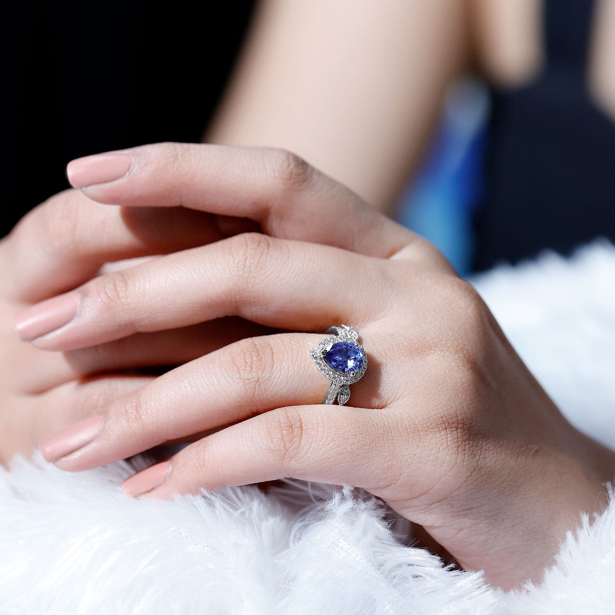 Lab Grown Blue Sapphire Ring Set, Pear Diamond Halo, 1.6 Carat