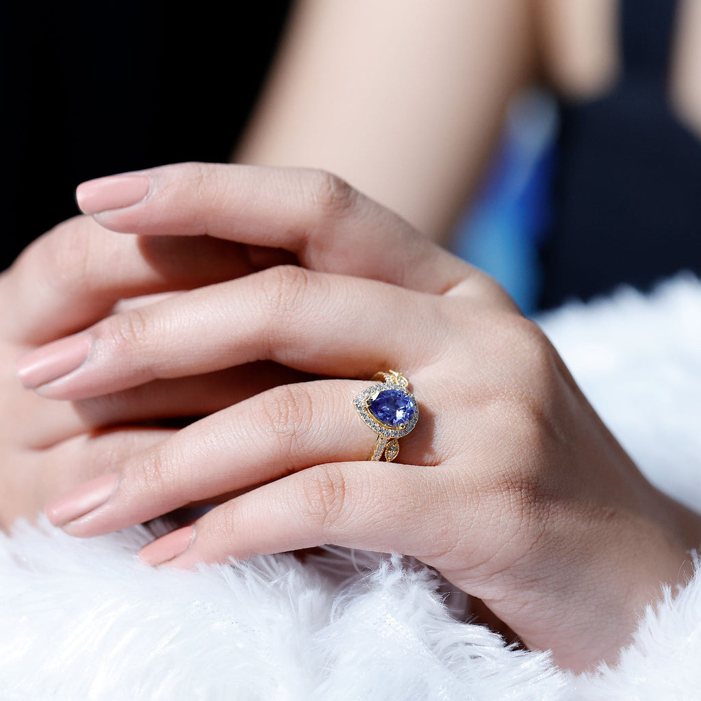 Lab Grown Blue Sapphire Ring Set, Pear Diamond Halo, 1.6 Carat