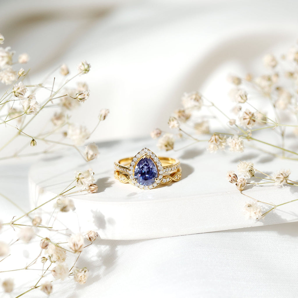 Lab Grown Blue Sapphire Ring Set, Pear Diamond Halo, 1.6 Carat