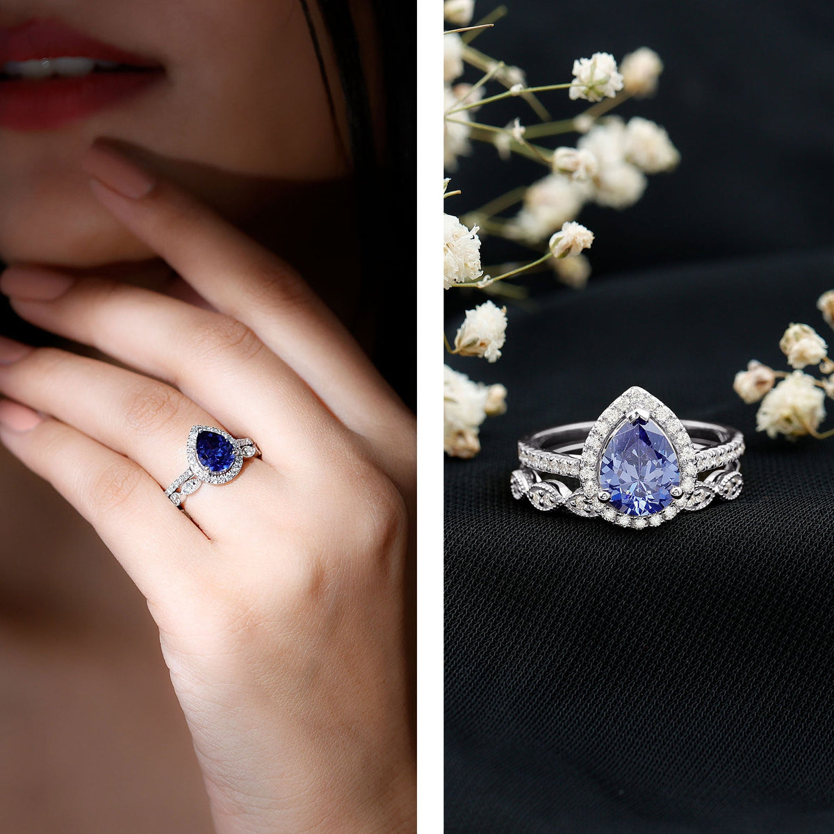 Lab Grown Blue Sapphire Ring Set, Pear Diamond Halo, 1.6 Carat