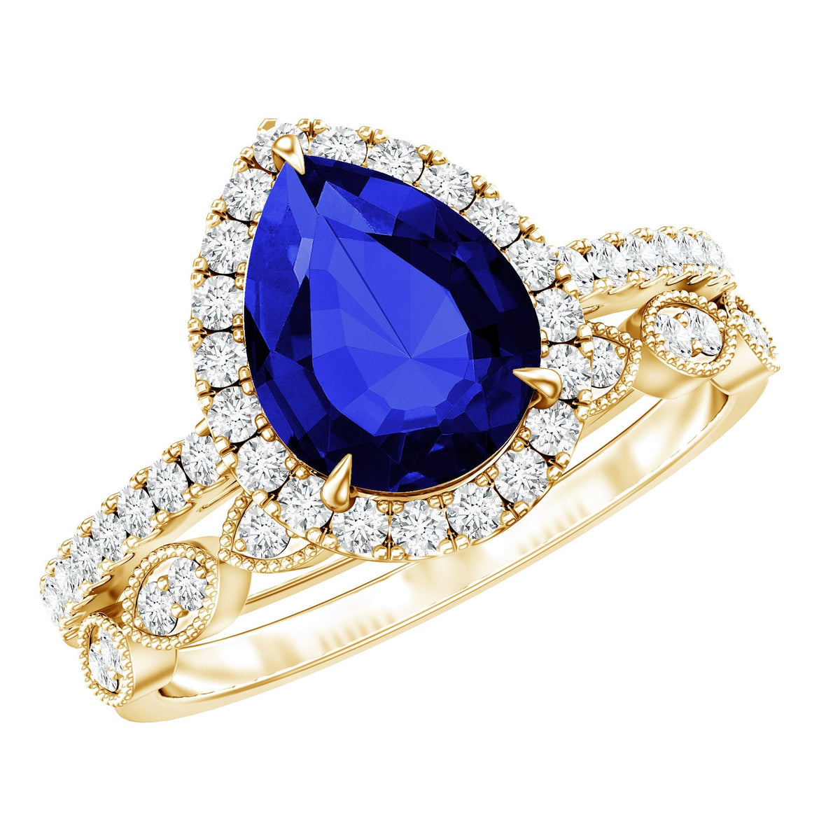 Lab Grown Blue Sapphire Ring Set, Pear Diamond Halo, 1.6 Carat