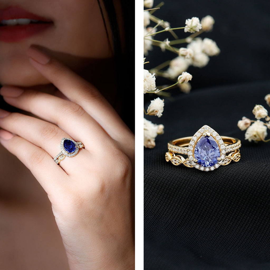 Lab Grown Blue Sapphire Ring Set, Pear Diamond Halo, 1.6 Carat