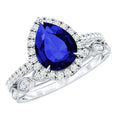 Lab Grown Blue Sapphire Ring Set, Pear Diamond Halo, 1.6 Carat