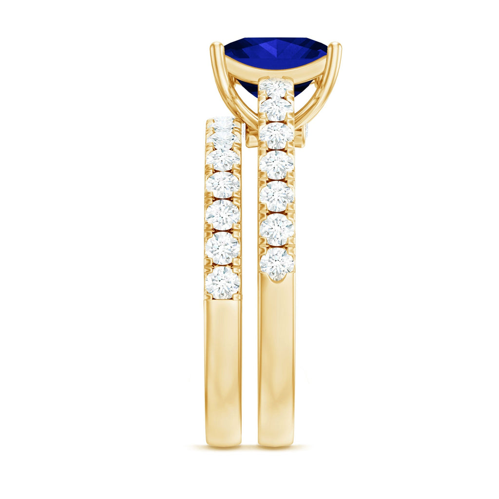 Lab Grown Blue Sapphire Ring Set Princess Cut Moissanite