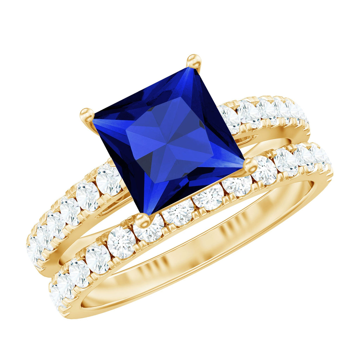 Lab Grown Blue Sapphire Ring Set Princess Cut Moissanite