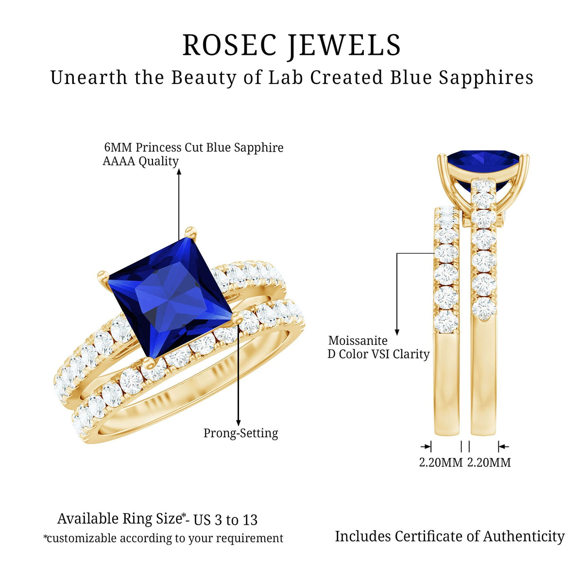 Lab Grown Blue Sapphire Ring Set Princess Cut Moissanite
