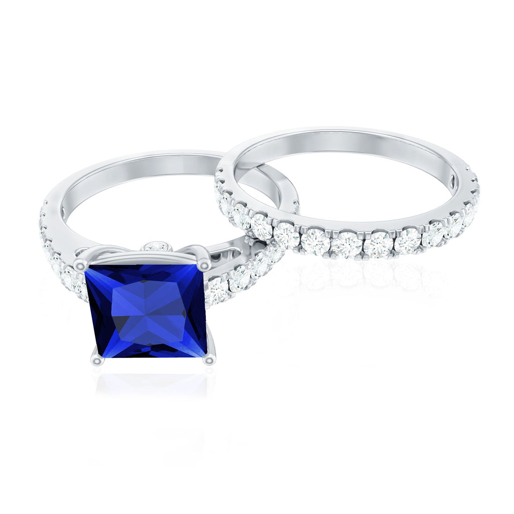Lab Grown Blue Sapphire Ring Set Princess Cut Moissanite