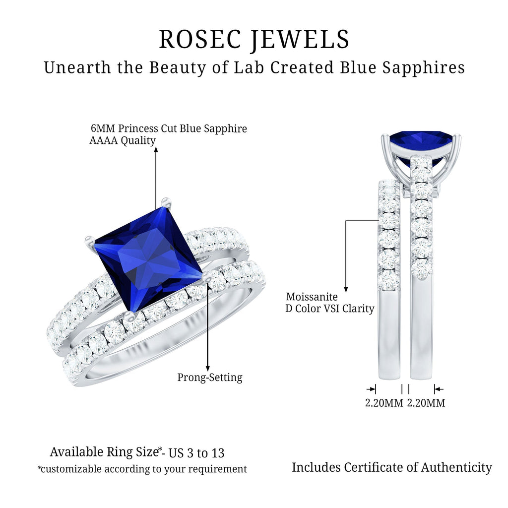 Lab Grown Blue Sapphire Ring Set Princess Cut Moissanite