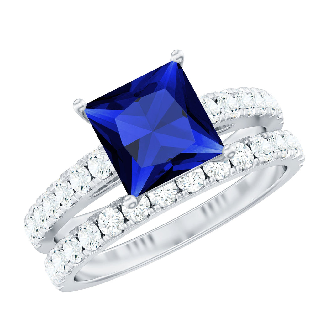 Lab Grown Blue Sapphire Ring Set Princess Cut Moissanite