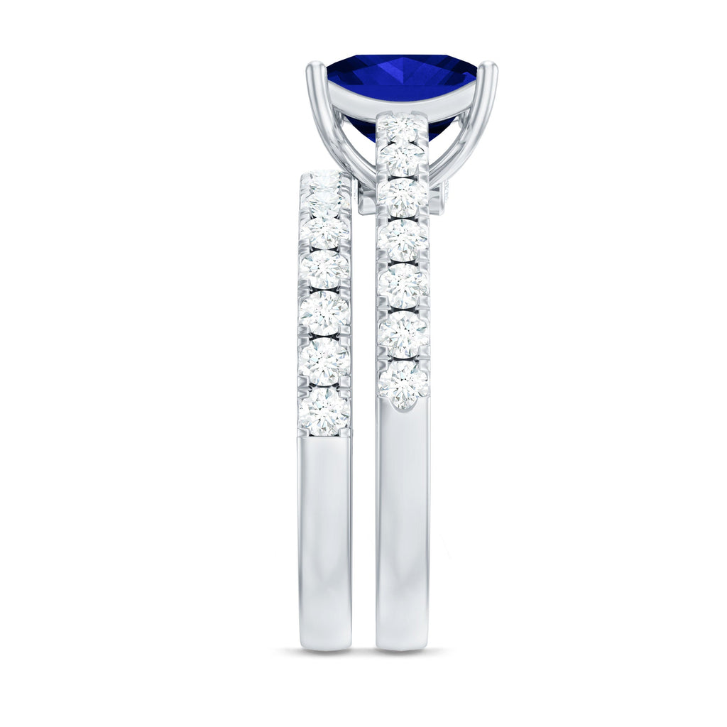 Lab Grown Blue Sapphire Ring Set Princess Cut Moissanite