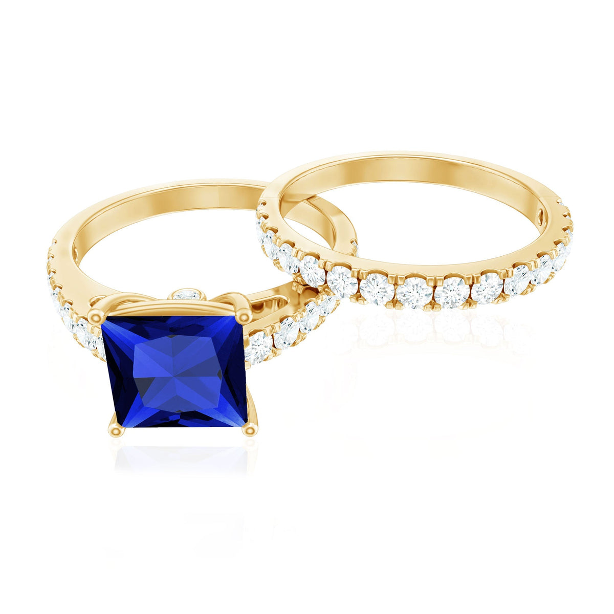 Lab Grown Blue Sapphire Ring Set Princess Cut Moissanite