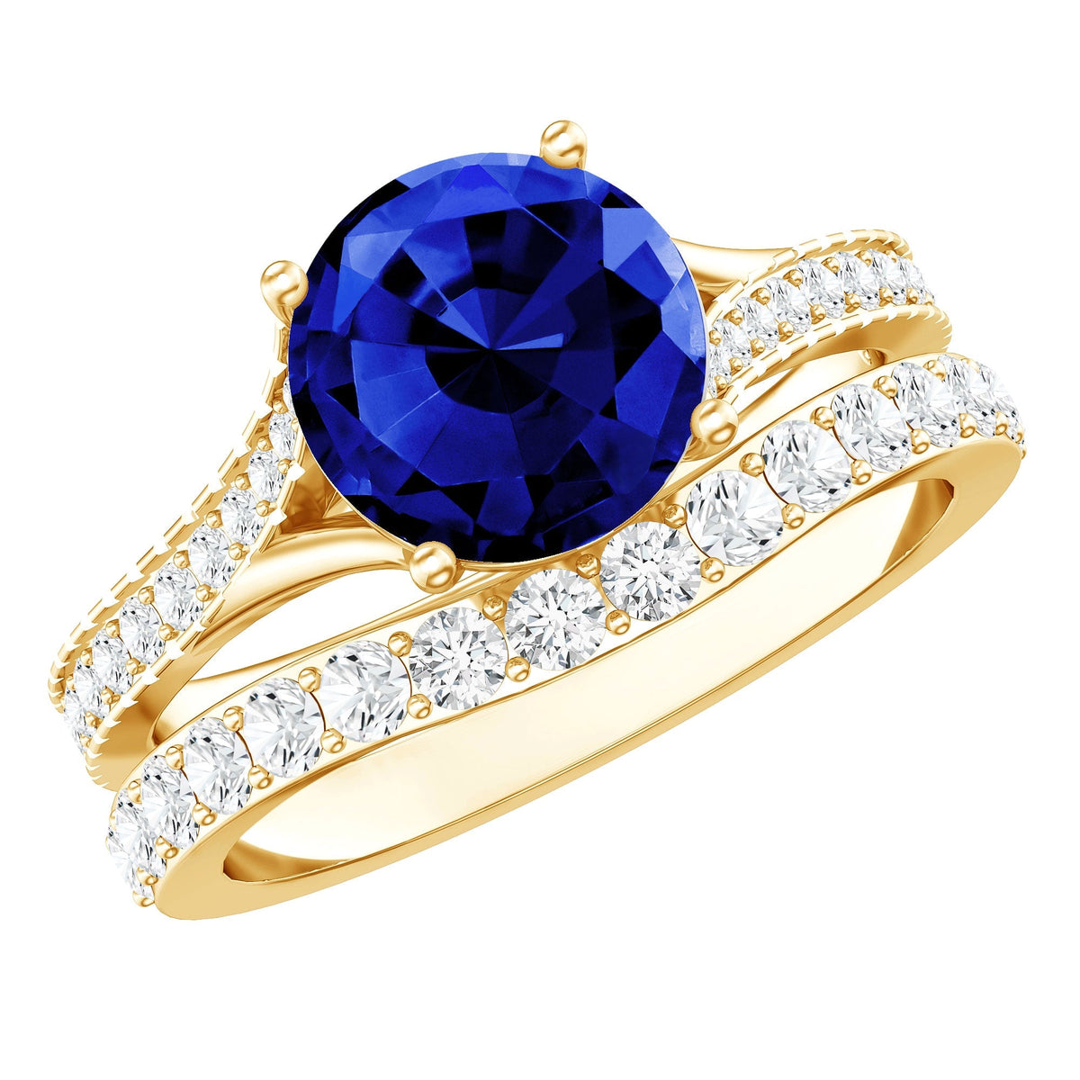 Lab Grown Blue Sapphire Ring Set With Moissanite Wedding Band Set