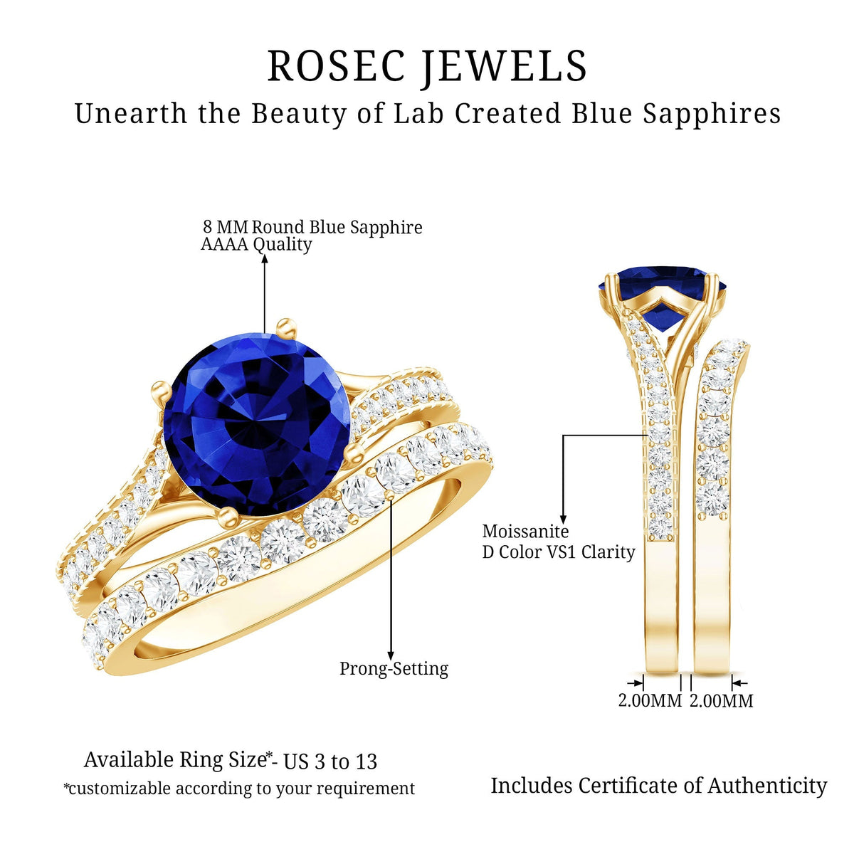 Lab Grown Blue Sapphire Ring Set With Moissanite Wedding Band Set