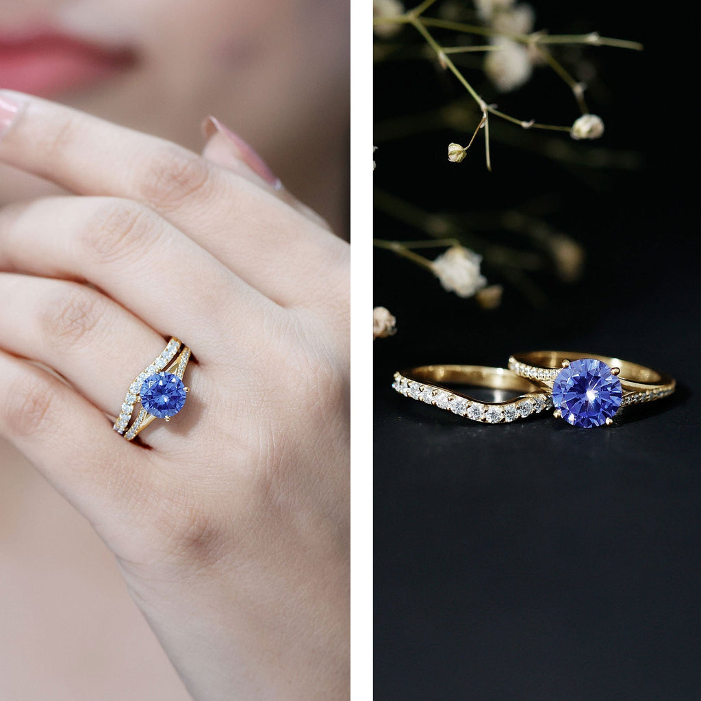 Lab Grown Blue Sapphire Ring Set With Moissanite Wedding Band Set