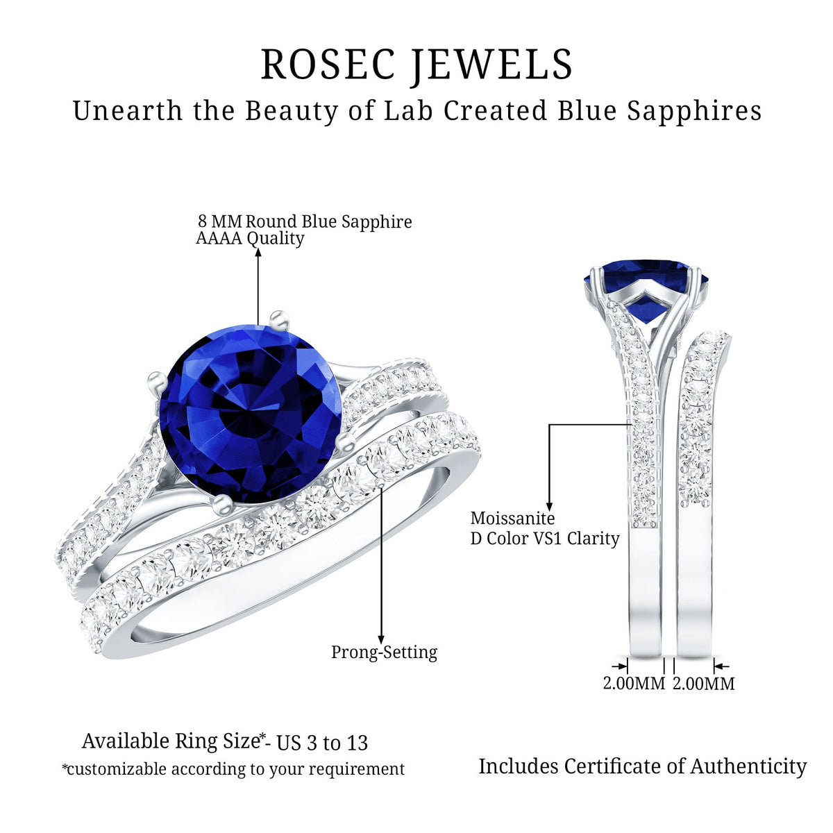 Lab Grown Blue Sapphire Ring Set With Moissanite Wedding Band Set