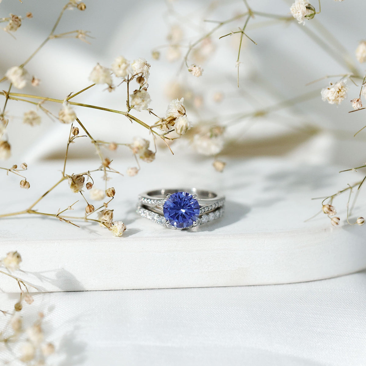 Lab Grown Blue Sapphire Ring Set With Moissanite Wedding Band Set