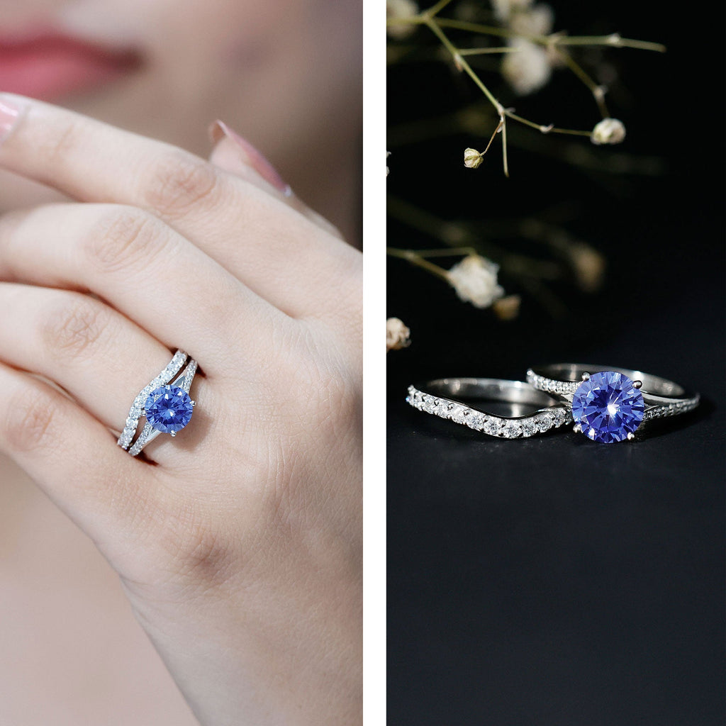 Lab Grown Blue Sapphire Ring Set With Moissanite Wedding Band Set