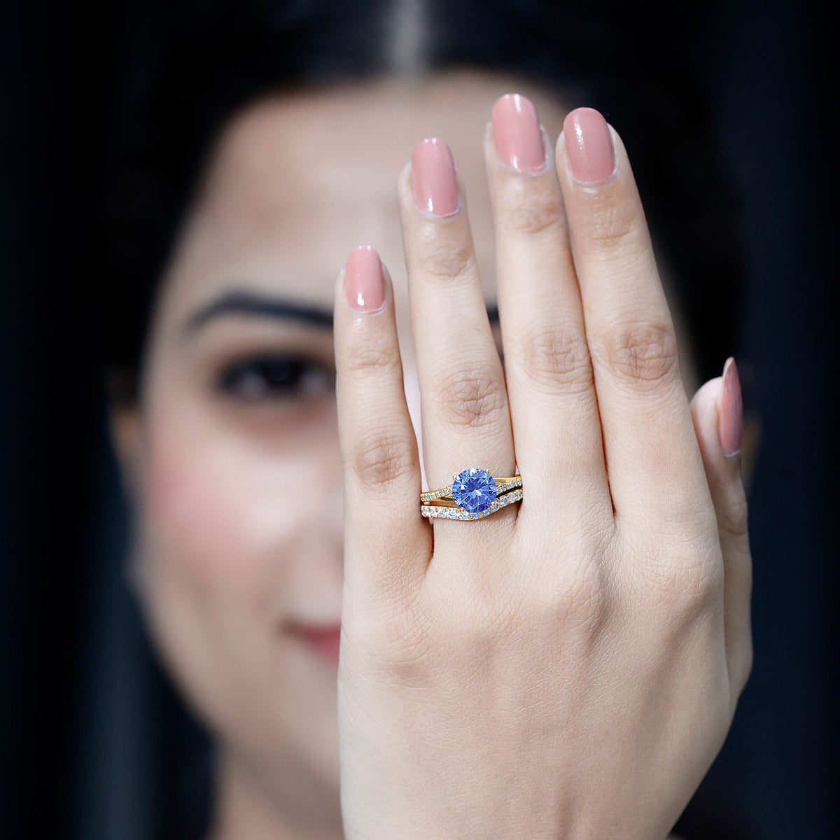 Lab Grown Blue Sapphire Ring Set With Moissanite Wedding Band Set