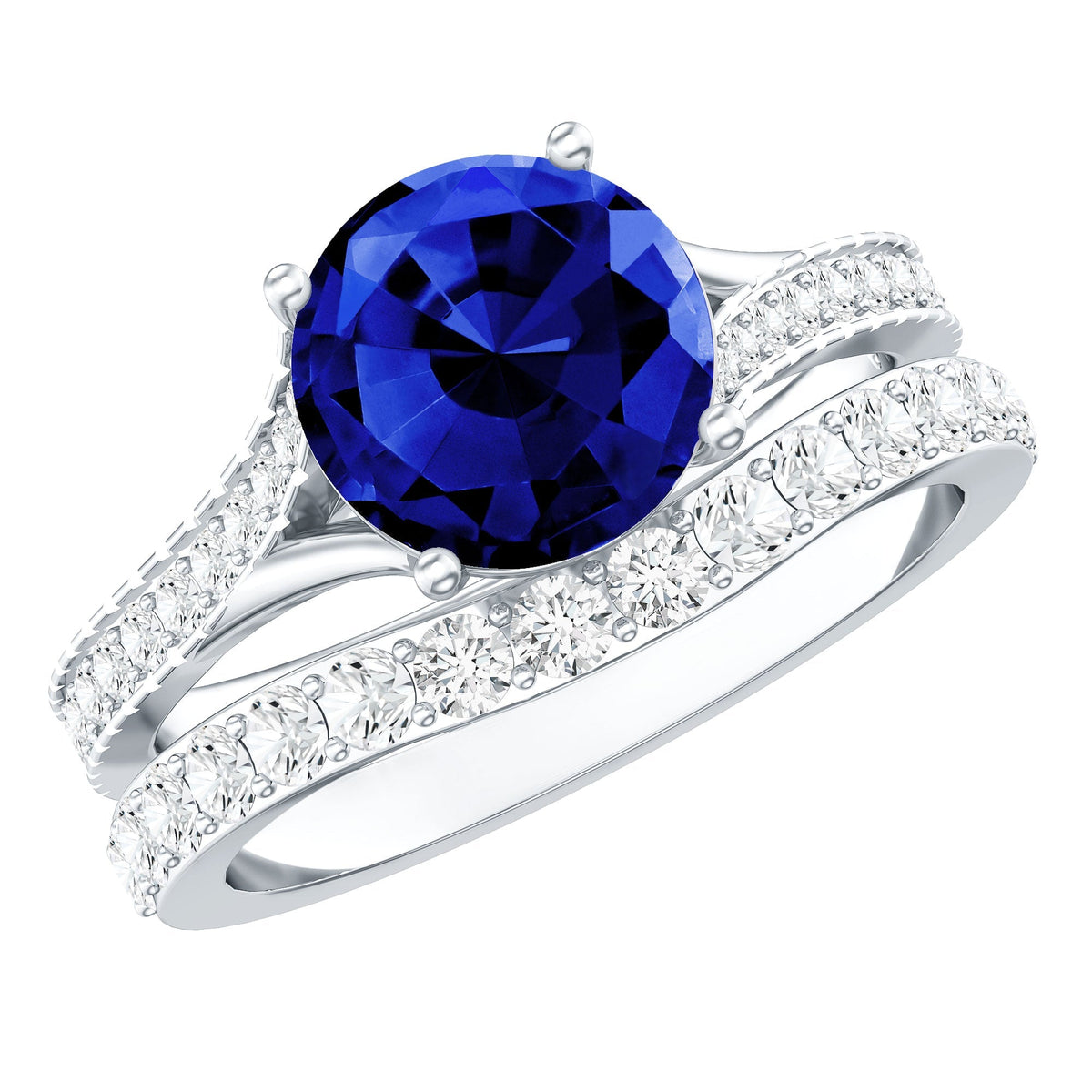 Lab Grown Blue Sapphire Ring Set With Moissanite Wedding Band Set