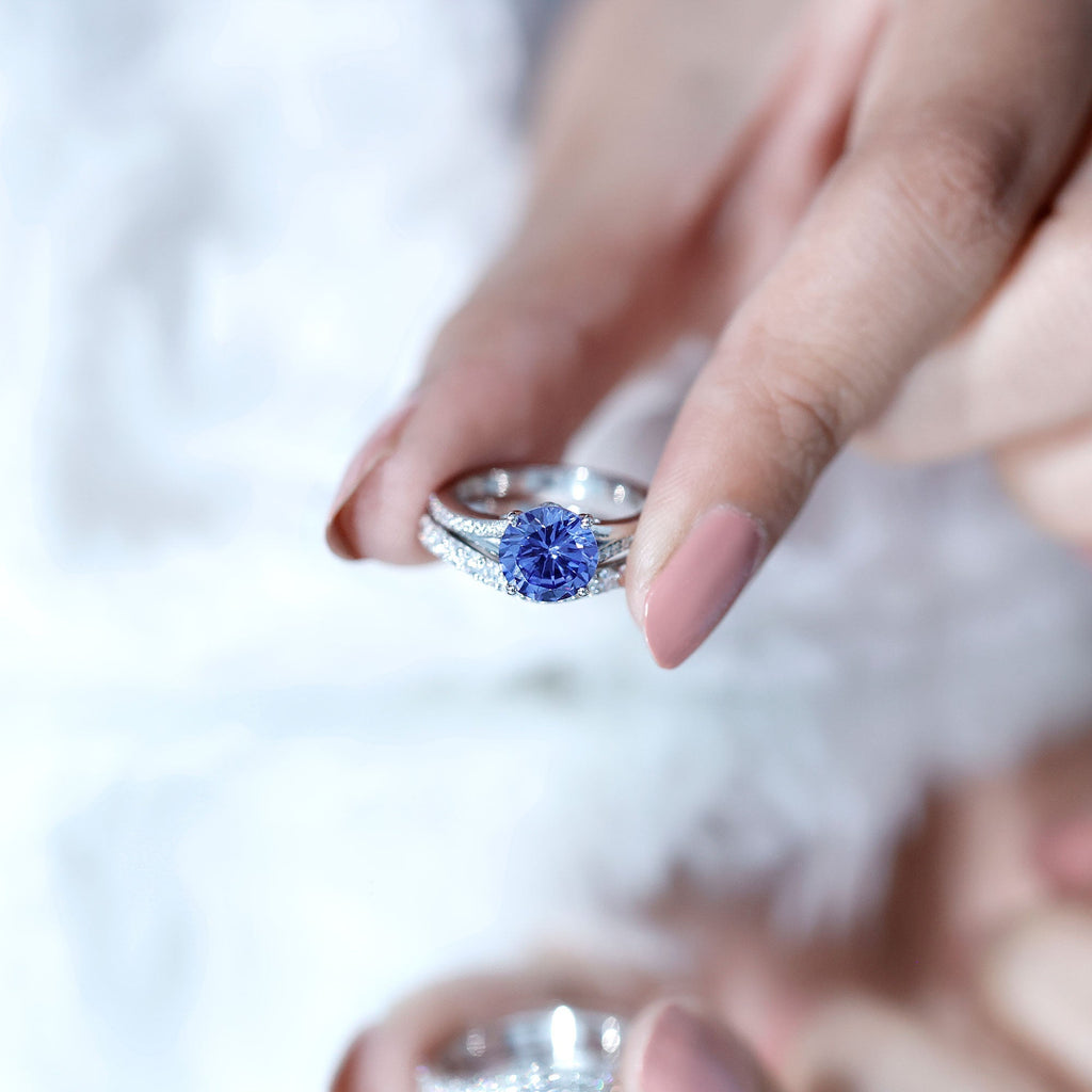 Lab Grown Blue Sapphire Ring Set With Moissanite Wedding Band Set