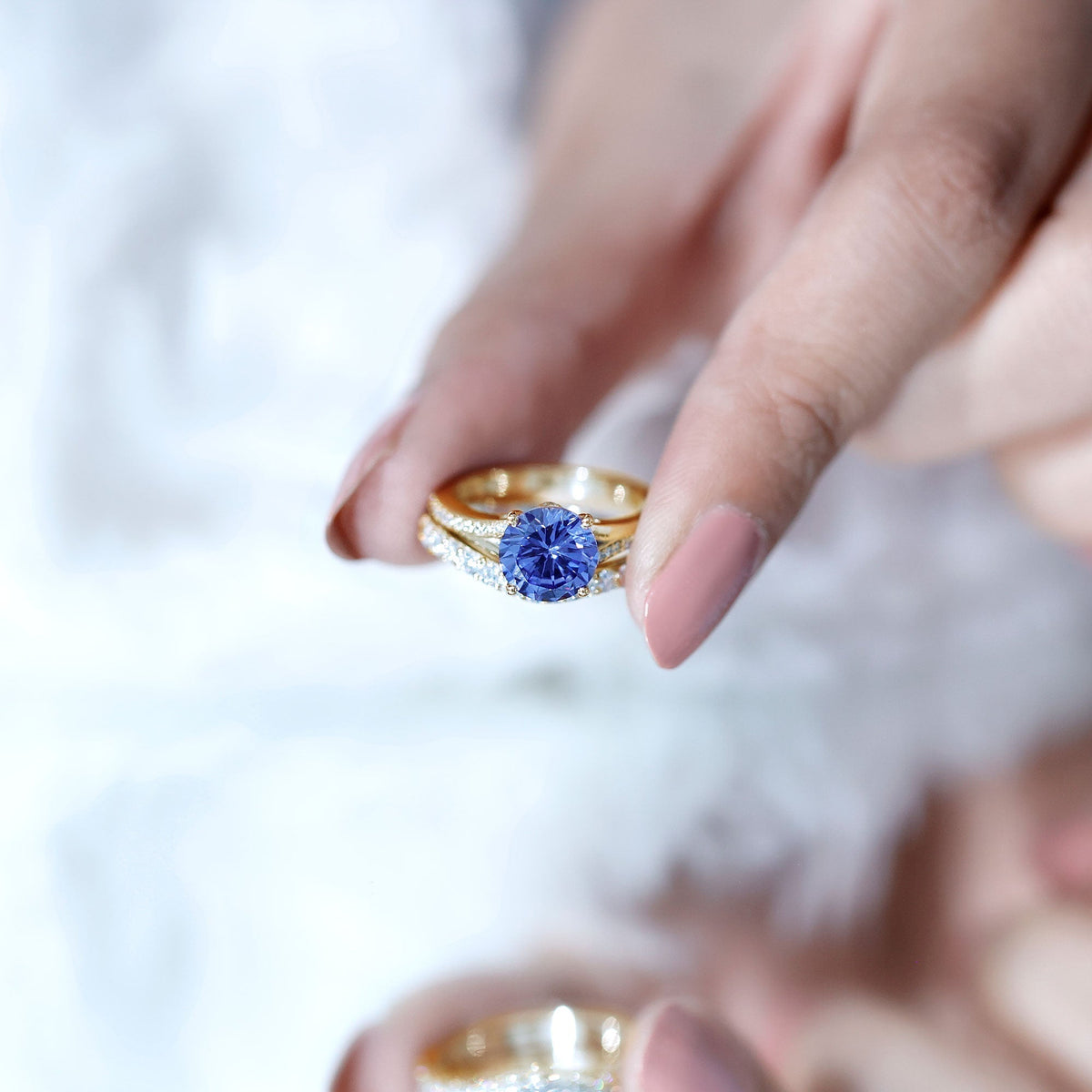 Lab Grown Blue Sapphire Ring Set With Moissanite Wedding Band Set