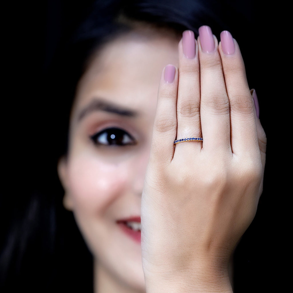 Lab Grown Blue Sapphire Ring, Stackable Eternity Band For Women
