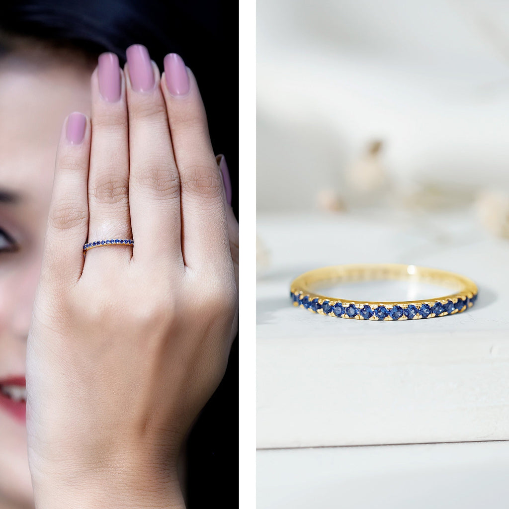 Lab Grown Blue Sapphire Ring, Stackable Eternity Band For Women