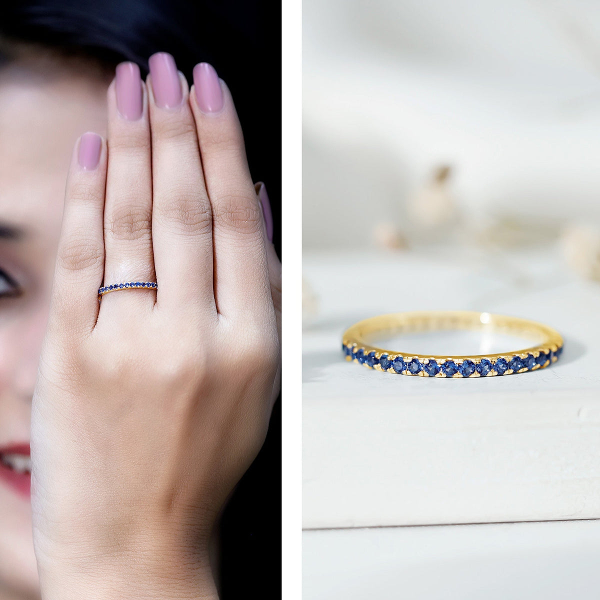 Lab Grown Blue Sapphire Ring, Stackable Eternity Band For Women