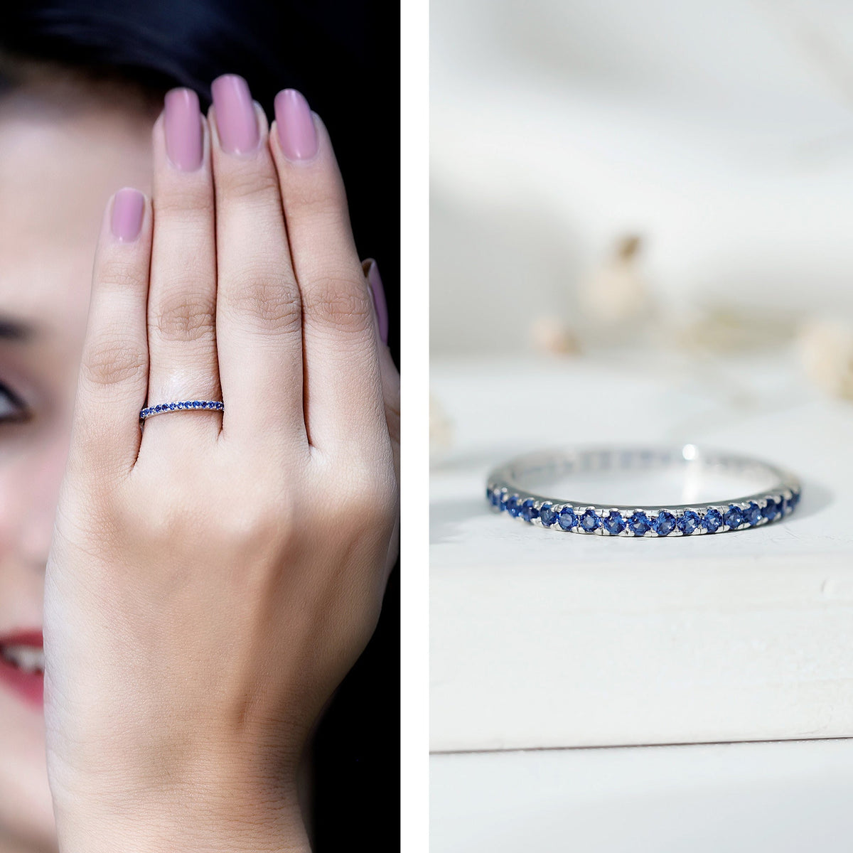 Lab Grown Blue Sapphire Ring, Stackable Eternity Band For Women