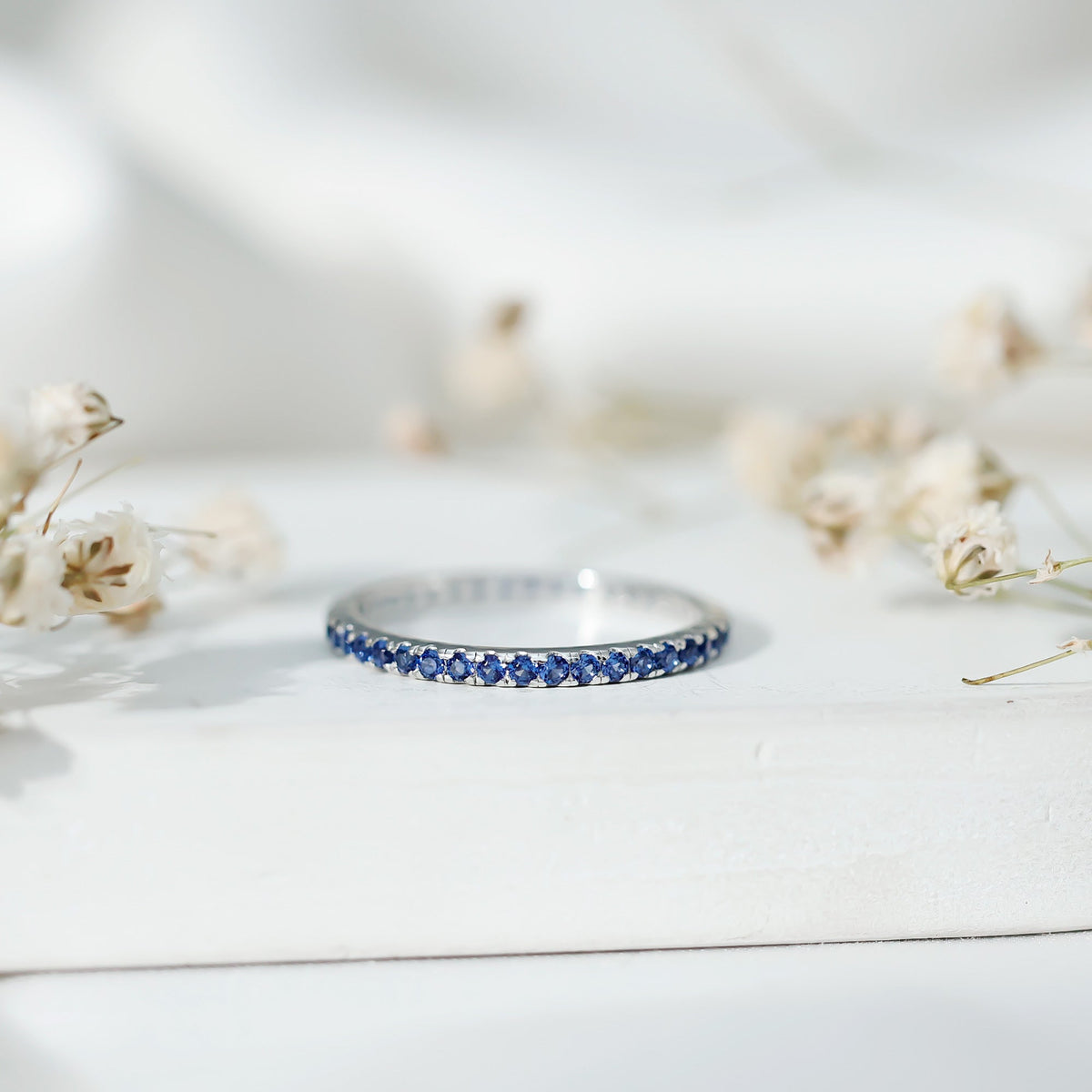 Lab Grown Blue Sapphire Ring, Stackable Eternity Band For Women