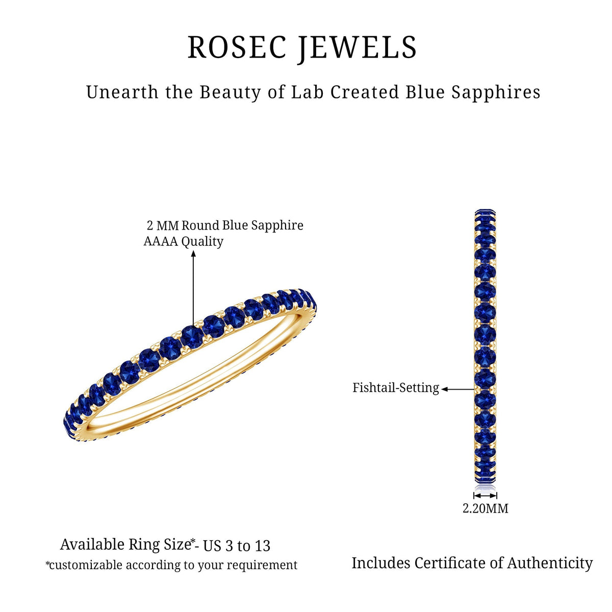 Lab Grown Blue Sapphire Ring, Stackable Eternity Band For Women