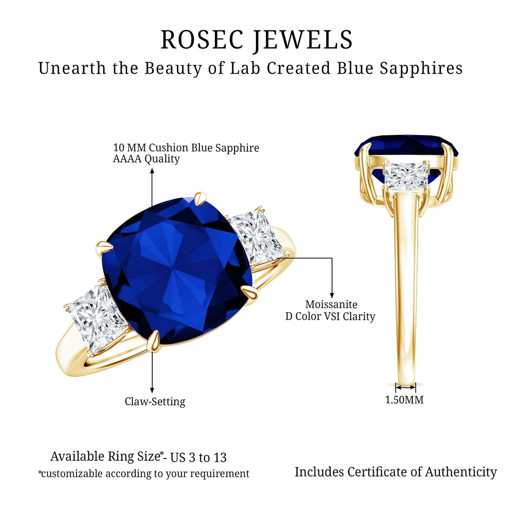 Lab Grown Blue Sapphire Ring, Three Stone Moissanite Ring Design