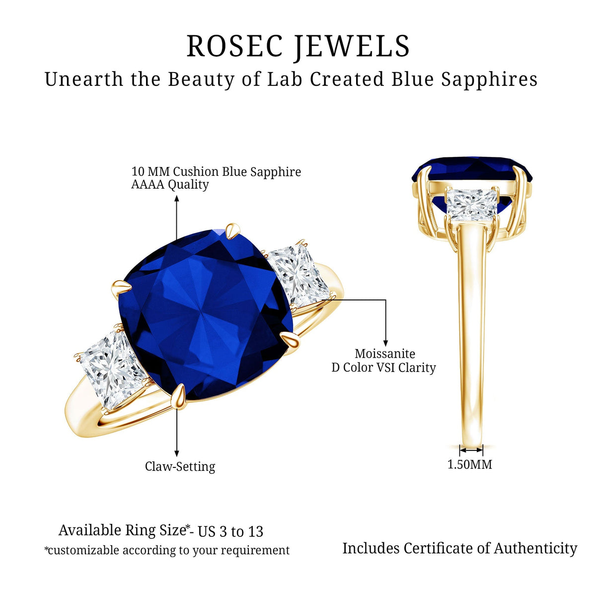 Lab Grown Blue Sapphire Ring, Three Stone Moissanite Ring Design