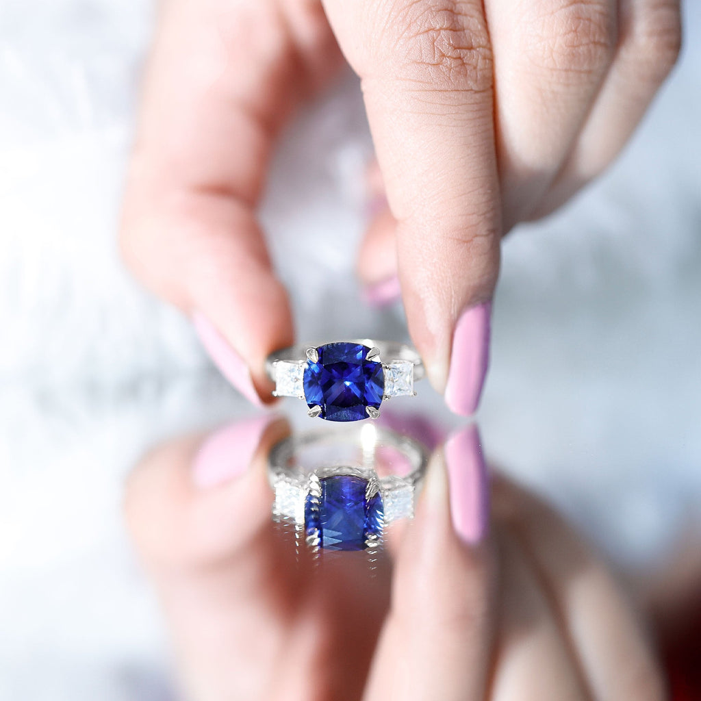 Lab Grown Blue Sapphire Ring, Three Stone Moissanite Ring Design
