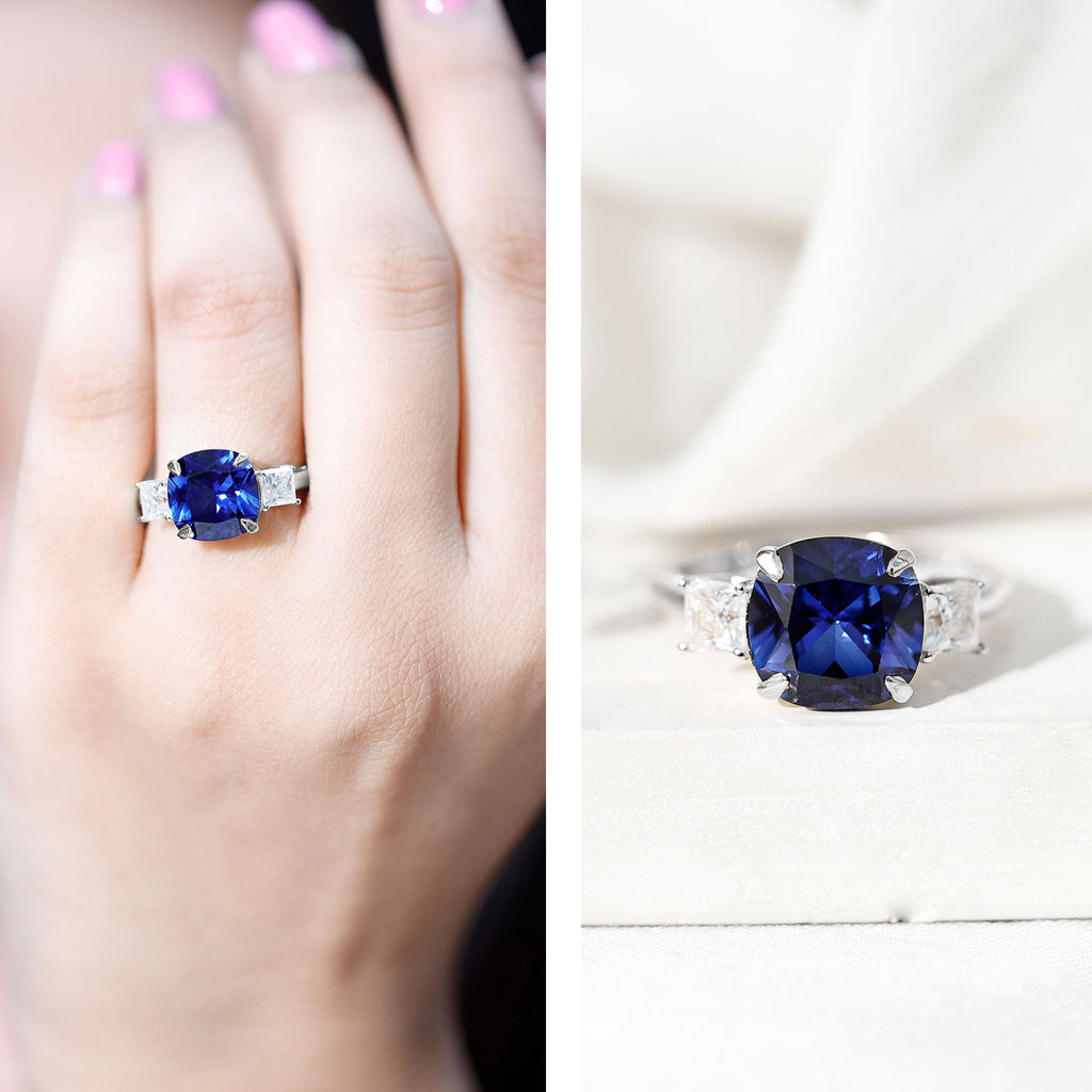 Lab Grown Blue Sapphire Ring, Three Stone Moissanite Ring Design
