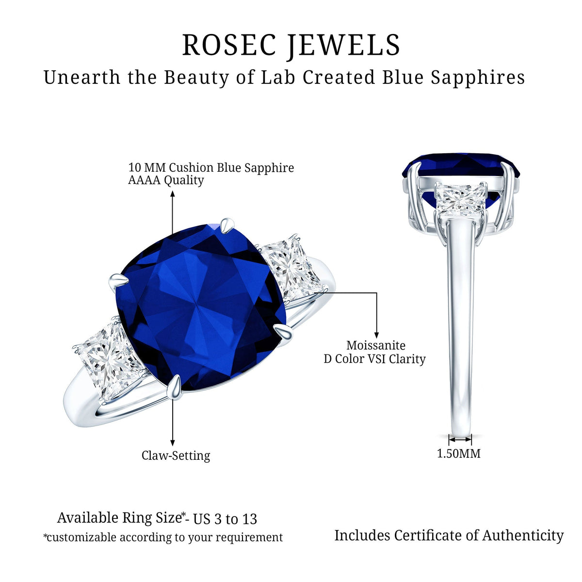 Lab Grown Blue Sapphire Ring, Three Stone Moissanite Ring Design