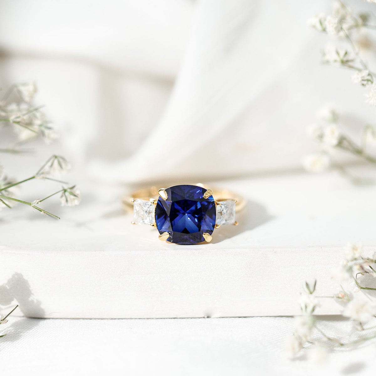 Lab Grown Blue Sapphire Ring, Three Stone Moissanite Ring Design