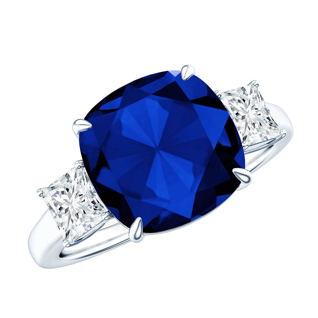 Lab Grown Blue Sapphire Ring, Three Stone Moissanite Ring Design