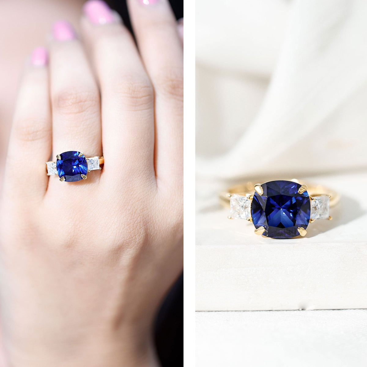 Lab Grown Blue Sapphire Ring, Three Stone Moissanite Ring Design