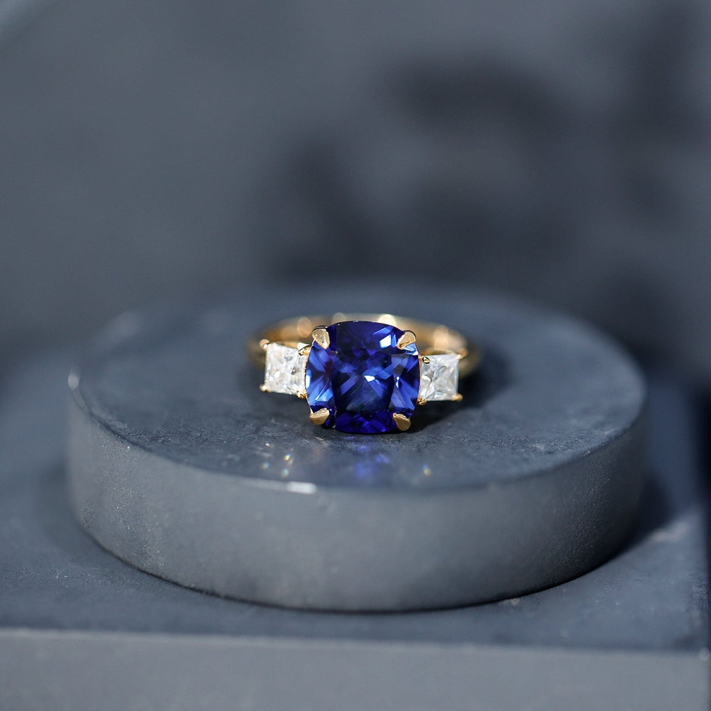 Lab Grown Blue Sapphire Ring, Three Stone Moissanite Ring Design