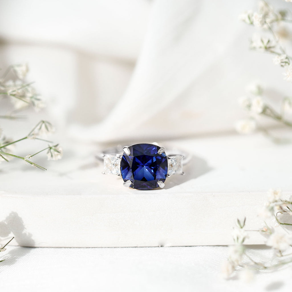 Lab Grown Blue Sapphire Ring, Three Stone Moissanite Ring Design
